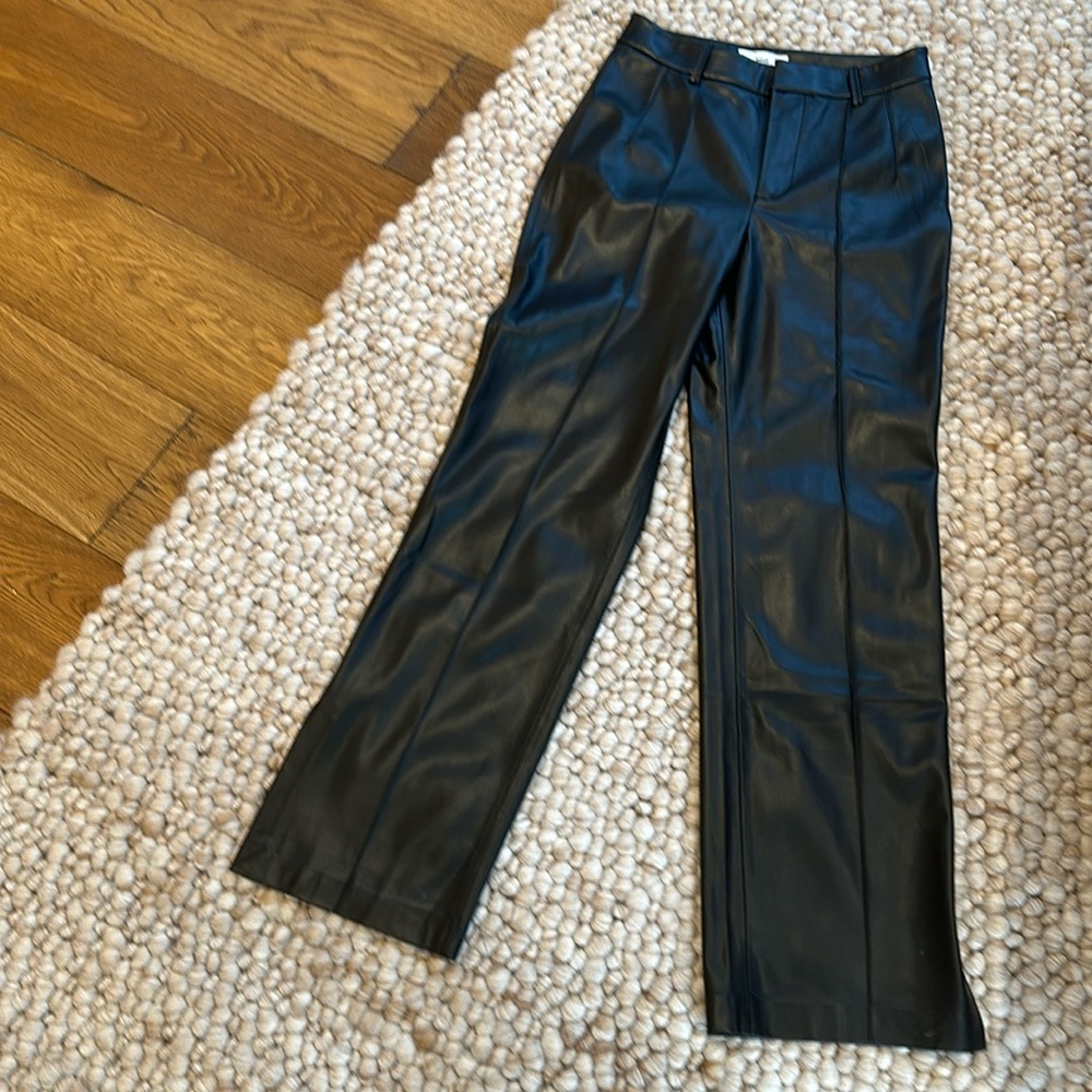 Mango Leather Effect Straight Trouser Pants Split Hem Womens Size 6 Black NWOT